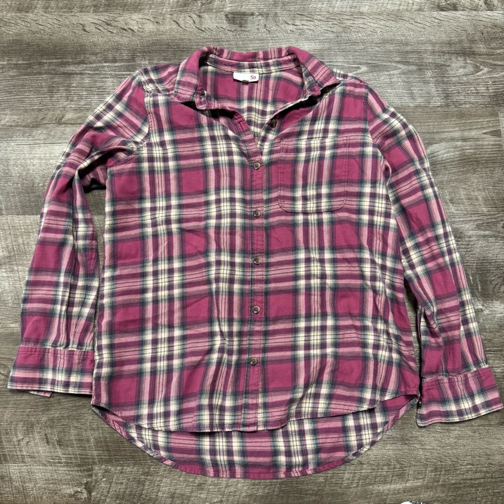SO by Kohls 100% Cotton Pink Plaid Button Front Shirt Size Small